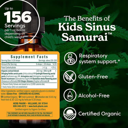 Herb Pharm Kids Certified-Organic Alcohol-Free Sinus Samurai Herbal Formula, 1 Ounce
