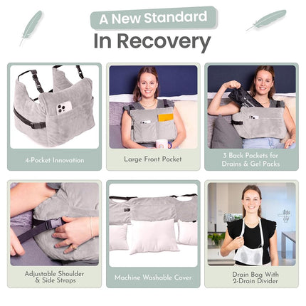 MOYOAMA Bundle Grey Plush: Mastectomy Pillow IR Design with Shower Bag, 2X Coldpacks, and Seatbelt Pillow
