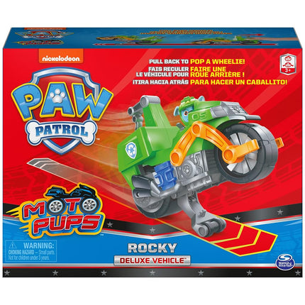 Paw Patrol, Moto Pups Rocky’s Deluxe Pull Back Motorcycle Vehicle with Wheelie Feature and Figure