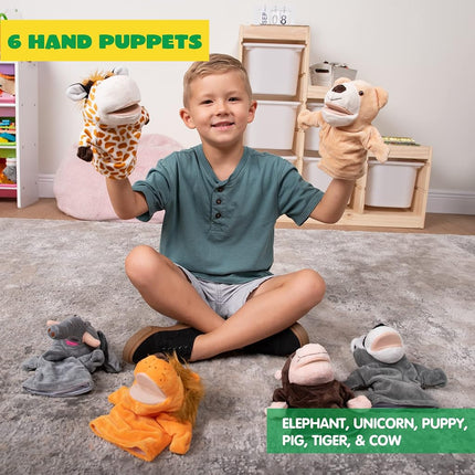 JOYIN Animal Friends Deluxe Kids Hand Puppets with Working Mouth (Pack of 6) for Imaginative Play, Toddler Animal Plush Toy, Birthday Gifts