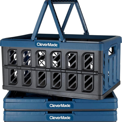 Paniers de courses réutilisables en plastique pliable CleverMade de 16 L ; Petites caisses de rangement pliables avec poignées, paquet de 3, 39,1 cm (P) x 25,9 cm (L) x 20,8 cm (H), Anthracite