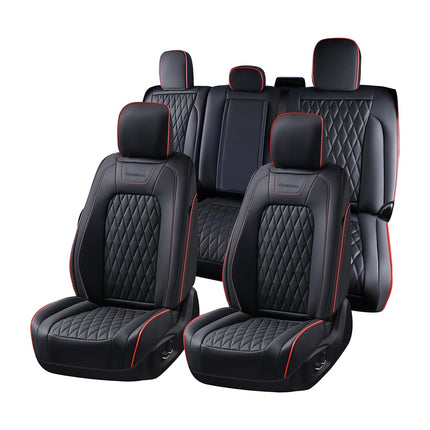 Fundas de asiento de cuero Coverado, juego completo para Ford F150F250F350F450 (2015-2025), fundas impermeables de cojín automotriz para camionetas, ajuste personalizado para F150 SuperCrew y F250-F450 Super Duty Crew Cab (línea roja)