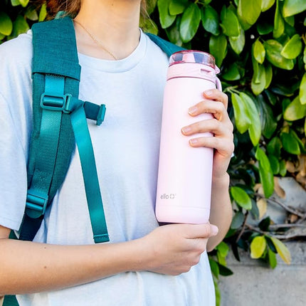 Ello Cooper Botella de Agua de Acero Inoxidable de 530 ml con Popote y Asa de Transporte, Doble Pared y Metal con Aislamiento al Vacío, Tapa Antiderrames con Boquilla de Silicona Suave, Reutilizable, Sin BPA, Rosa Cachemira