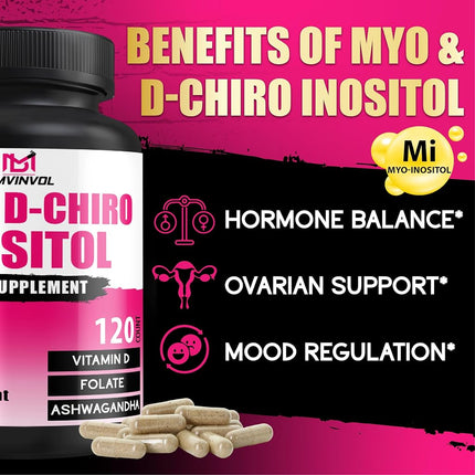 BMVINVOL 2050mg Inositol Supplement - Myo-Inositol and D-Chiro Inositol Plus Folate and Vitamin D - Ideal 40:1 Ratio - 120 Capsules