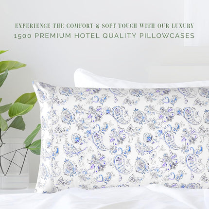 Elegant Comfort Ultra Soft Set of 2 Floral Print Pillowcases - 1500 Premium Hotel Quality Microfiber, Soft and Smooth Envelope Closure 2-Piece Pillow Covers - King, Paisley Indigo