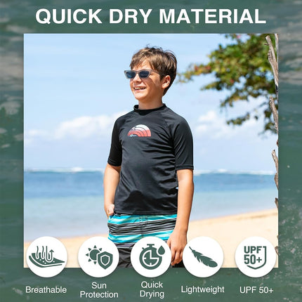 Kanu Surf Camiseta de natación de manga corta de protección solar UPF 50+ con estampado de olas para niños, Bora Bora Black, 12