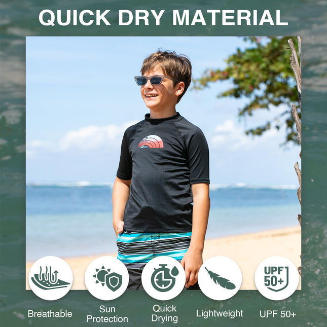 Kanu Surf Camiseta de natación de manga corta de protección solar UPF 50+ con estampado de olas para niños, Bora Bora Black, 12