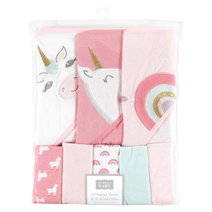 Hudson Baby Toalla con capucha de animales para bebé unisex, paquete de 3 y 15 toallitas, unicornio, talla única