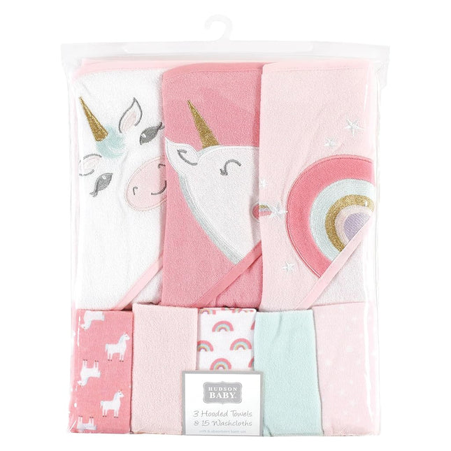 Hudson Baby Unisex Baby Animal Hooded Towel 3pk and 15 Washcloths, Unicorn, One Size