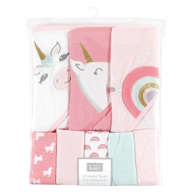 Hudson Baby Unisex Baby Animal Hooded Towel 3pk and 15 Washcloths, Unicorn, One Size