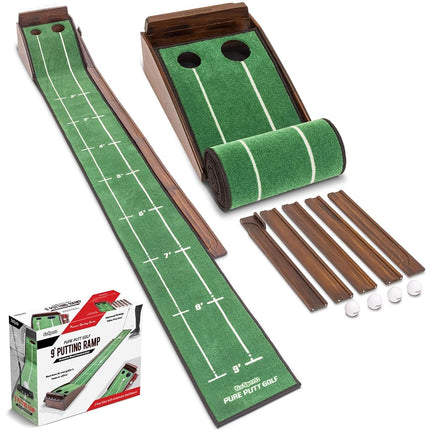 GoSports Pure Putt Golf 9 ft Putting Green Ramp - Premium Wood Training Aid for Home & Office Putting Practice, Includes 9 ft Putting Green and 4 Golf Balls