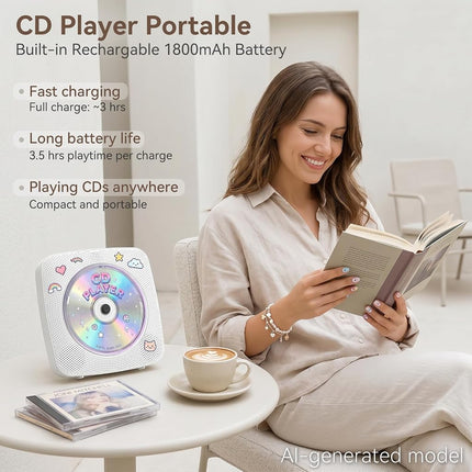 CD Player Portable : CD Players for Home Bluetooth 1800mAh Rechargeable Desktop Wall Kegaudio HiFi Speakers with Dust Cover LCD Screen Display FM Radio USB AUX Jack Remote Control (Light White)