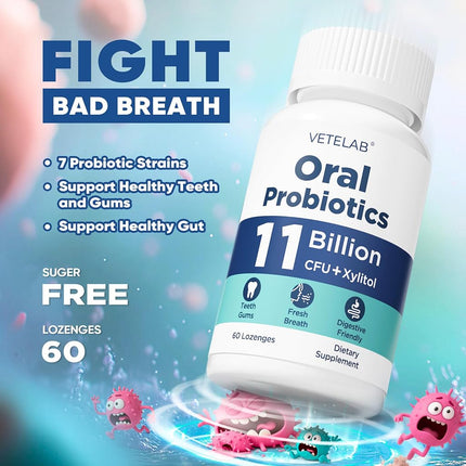 VeteLab Oral Probiotics for Mouth Bad Breath - 11 Billion CFU Chewable Probiotics for Teeth & Gums, Dry Mouth, Gum Restore, Fresh Breath, Chronic Halitosis & Gut Health, 60 Lozenges