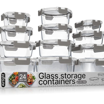 Gray Borosilicate Glass Food Storage Containers with Lids 24 Pieces, Food-grade, BPA-Free Stackable Glass Lunch & Leftover Containers, Microwave, Freezer & Dishwasher Safe, Airtight Leak-Proof