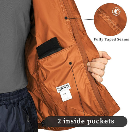 33,000ft Packable Rain Jacket Men's Lightweight Waterproof Rain Shell Jacket Raincoat with Hood for Golf Cycling Windbreaker, Orange/Grey, Large