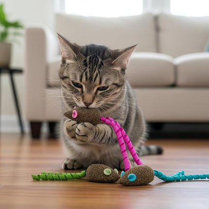 SmartyKat, Souris Magiques, Jouets pour Chat, Jouets à l'Herbe à Chat Comprimée, Pure, Puissante, Sans Salissure, avec Rubans, Lot de 3