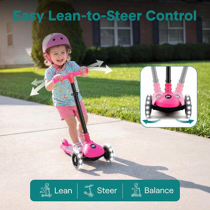 SereneLife Kids Scooter for Ages 3–7 – 3 Wheel Kick Scooter with Seat Option, Light-Up LED Wheels, Lean-to-Steer, Foldable, Adjustable Height, 50 kg Capacity, Pink