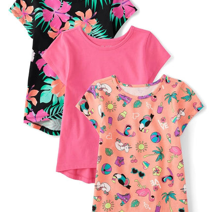 The Children's Place Girls' Short Sleeve Everyday T-Shirts, Pink Tropic 3-Pack, Large