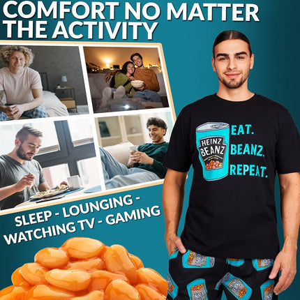 HEINZ Mens Pyjamas Set PJs T-Shirt Long Bottoms Breathable Loungewear Comfy Nightwear Baked Beans Funny Gifts for Men (XL, Black)