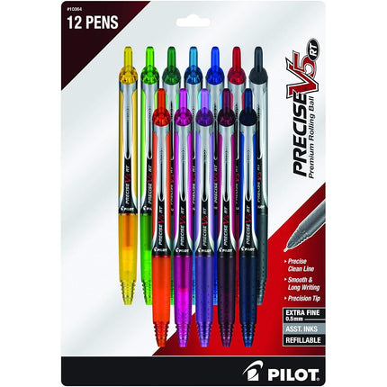 Pilot Precise V5 RT Refillable & Retractable Liquid Ink Rolling Ball Pens, Extra Fine Point (0.5mm) Assorted Color Inks, 12-Pack (10364)