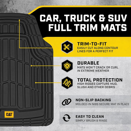 Caterpillar ToughRide Heavy-Duty 4 Piece Rubber Floor Mats for Car Truck Van SUV, Black - Premium Trim to Fit Car Floor Mats, All Weather Deep Dish Automotive Floor Mats, Total Dirt Protection