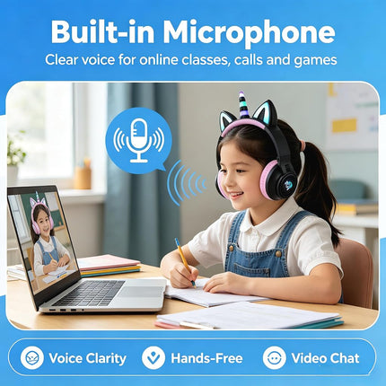 Unicorn Kids Headphones,Unicorn Bluetooth Headphones Foldable for Girls Boys Toddlers Phones pad/Amazon fire/Tablet,Light Up Kids Wireless Headphone Birthday Gifts (Black)
