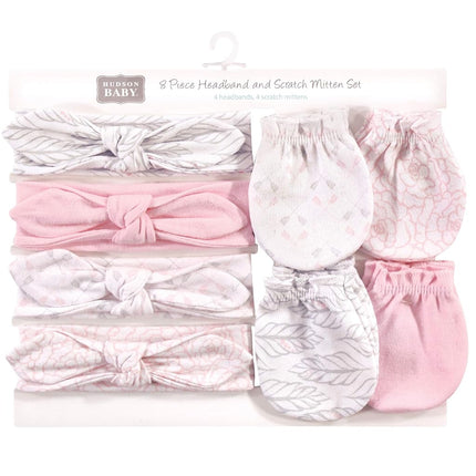 Hudson Baby Baby Girls' Cotton Headband and Scratch Mitten Set, Gray Feather, 0-6 Month