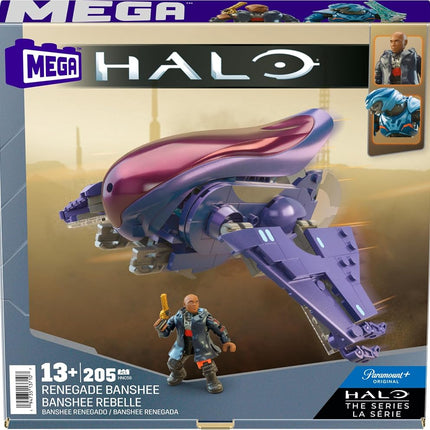 Set de juguetes de construcción de vehículos MEGA Halo The Series, nave aérea Renegade Banshee con 205 piezas, 2 microfiguras de acción, morado, para niños y fans, HNC56