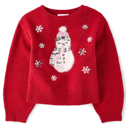 The Children's Place Girls' Long Sleeve Crew Neck Pullover Sweater, Red Snowman, Small