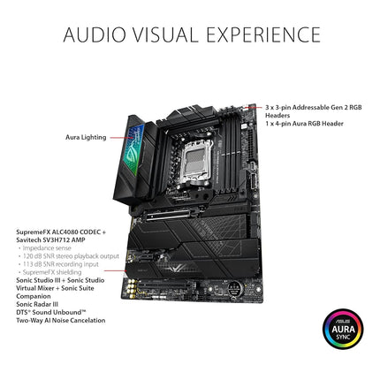 ASUS ROG Strix X670E-F Gaming WiFi AMD Ryzen AM5 ATX motherboard, 16 + 2 power stages, DDR5 support, four M.2 slots with heatsinks, USB 3.2 Gen 2x2, PCIe 5.0, WiFi 6E, AI Cooling II, and Aura Sync