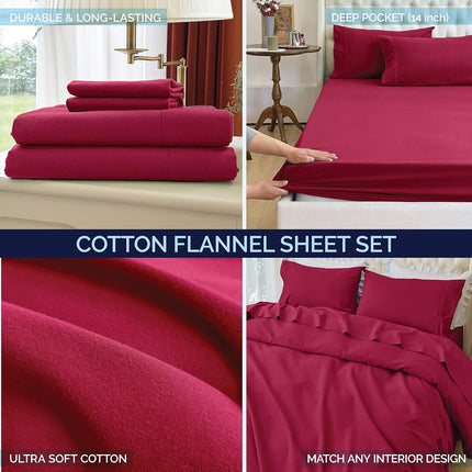 Elegant Comfort Soft 4-Piece 100% Turkish Cotton Flannel Sheet Set - Premium Quality, Deep Pocket Fitted Sheet, Ultra Soft, Cozy Warm Flannel Sheets - Twin XL, Burgundy
