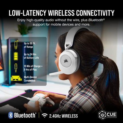 Auriculares inalámbricos multiplataforma para juegos Corsair HS65 con Bluetooth - Sonido envolvente Dolby 7.1 - Micrófono omnidireccional - iCUE - PC, Mac, PS5, PS4, Nintendo Switch, Móvil - Blanco