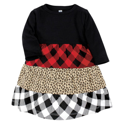 Hudson Baby Baby Girls' Cotton Dresses, Buffalo Plaid Leopard Black, 8 Years
