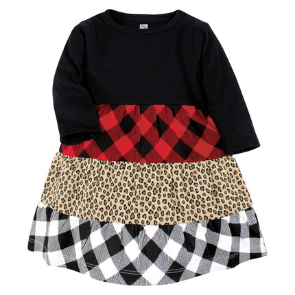 Hudson Baby Baby Girls' Cotton Dresses, Buffalo Plaid Leopard Black, 6-9 Months