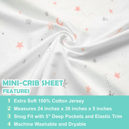 American Baby Company 100% Natural Cotton Value Jersey Knit Fitted Portable/Mini-Crib Sheet, Pink Star/Zigzag, 24" x 38" x 5", Soft Breathable, for Girls, Pack of 3