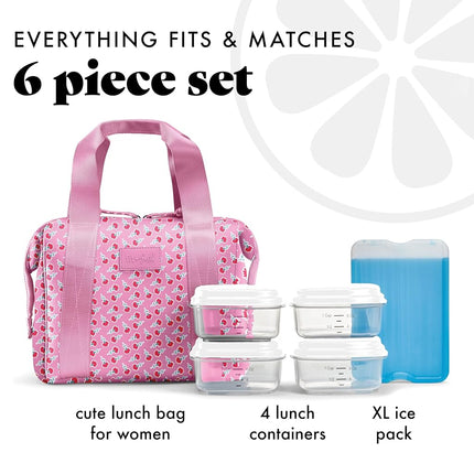 Fit & Fresh Neoprene Lunch Bag For Women, Insulated Womens Lunch Bag For Work, Tear & Stain Resistant Large Lunch Box For Women With Containers and Ice, Machine Washable Remi Bag, Sweet Pink Block