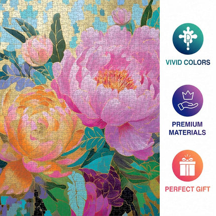 Golden Peony Dreams - Beautiful 1000-Piece Jigsaw Puzzle for Adults | Vibrant Mosaic-Inspired Artwork with Gold Leaf Details | Premium Quality & Eco-Friendly | Cross & Glory Masterpiece Collection