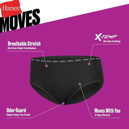 Hanes Girls' Big Moves Briefs, Breathable Stretch Tween Underwear, X-Temp, Moisture-Wicking, 6-Pack, Purple/Blue/Mint/Black/Grey, Purple/Blue/Mint/Black/Grey, 14
