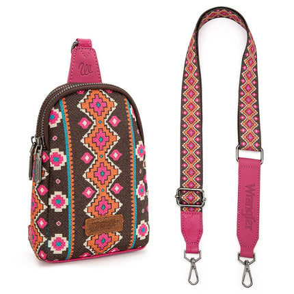 Wrangler Aztec Sling Bag Southwest Crossbody Bags Trendy Chest Bag, Hot Pink