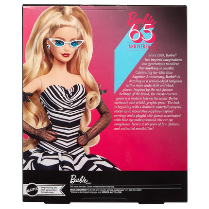 Barbie Signature Doll, 65th Anniversary Collectible with Blonde Hair, Black and White Gown, Sapphire Gem Earrings and Sunglasses, HRM58