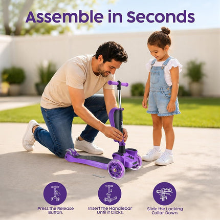 Hurtle 3-Wheeled Scooter for Kids - Wheel LED Lights, Adjustable Lean-to-Steer Handlebar, and Foldable Seat - Sit or Stand Ride with Brake for Boys and Girls Ages 1-14 Years Old