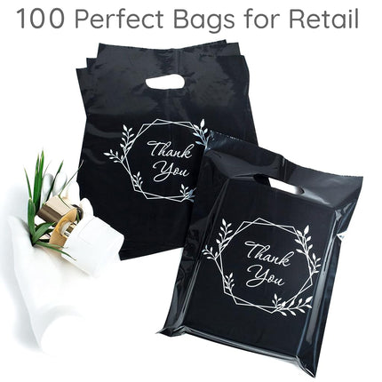 100 Thank You Bags for Business Small Black Color 1.5Mil Merchandise Bags 23cm x 30cm (9”x12”) Extra Thick Glossy Black Retail Bags and Thank You Bags with Handles