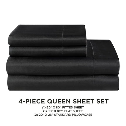 Juicy Couture King Size Satin Bed Sheet Set, Deep Pocket Silky Satin King Sheet Set with 1 Fitted Sheet, 1 Flat Sheet and 2 Pillow Case, Wrinkle Resistant and Anti Pilling Satin Bed Sheets - Black