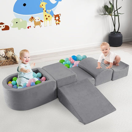 INFANS Climbing Toys for Toddlers, Foam Climbing Blocks and Ball Pit for Baby, 5pc Kids Climb and Crawl Block Activity Structure Play Set, Indoor Foam Play Gym Crawling and Sliding (Grey)