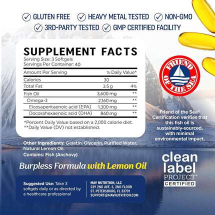 Triple Strength Omega 3 Fish Oil 3600 mg, EPA & DHA, Omega-3 with Lemon Oil