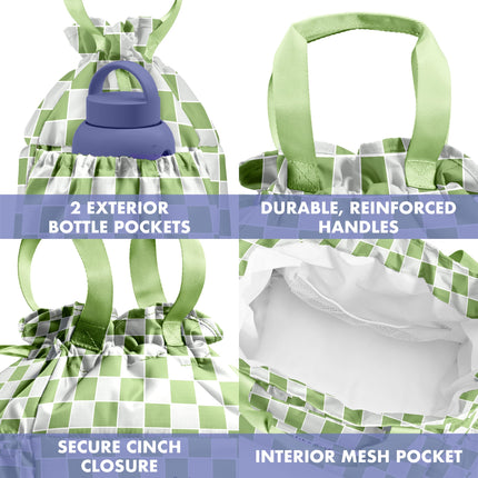 Fit & Fresh Cromwell Drawstring Lunch Bag for Women, Complete Lunch Set with 2 Containers, Stain-Resistant, Leak-Resistant, Back to School Essential, Teacher Lunchbox, Pistachio Checker Board