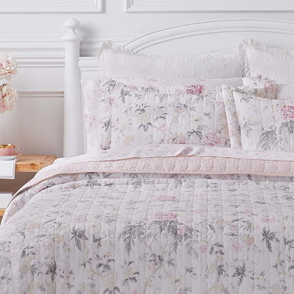 Laura Ashley 100% Cotton, Reversible, Lightweight & Breathable Bedding, Pre-Washed for Added Softness, Pink/Grey, Queen