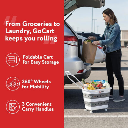 dbest products Folding Gocart Collapsible Laundry Basket on Wheels Grocery Cart Shopping Foldable Pop Up Plastic Hamper Tote Handles Cesto para ropa sucia, White
