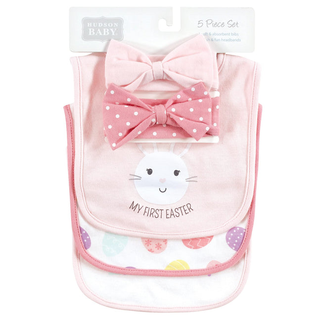 Hudson Baby Unisex BabyCotton Bib and Headband or Caps Set, Happy Easter, One Size