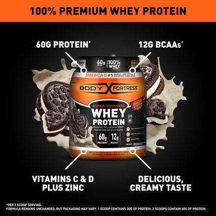 Body Fortress Super Advanced Whey Protein Powder, Cookies N’ Crème, Immune Support (1), Vitamins C & D Plus Zinc, 1.78 lbs